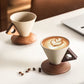 Ceramic Handmade Coffee Cup, Funnel Shape with Wooden Handle and Coaster