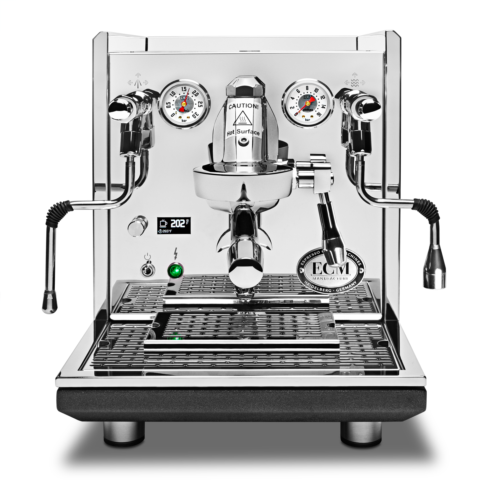 ECM Synchronika II polished stainless-steel three-quarter view
