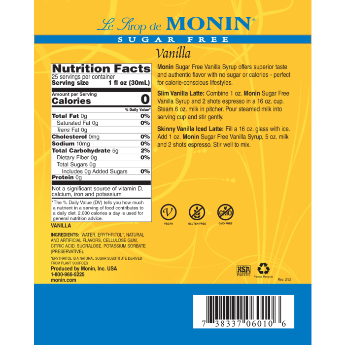 Monin - Sugar Free Vanilla Syrup 750ml