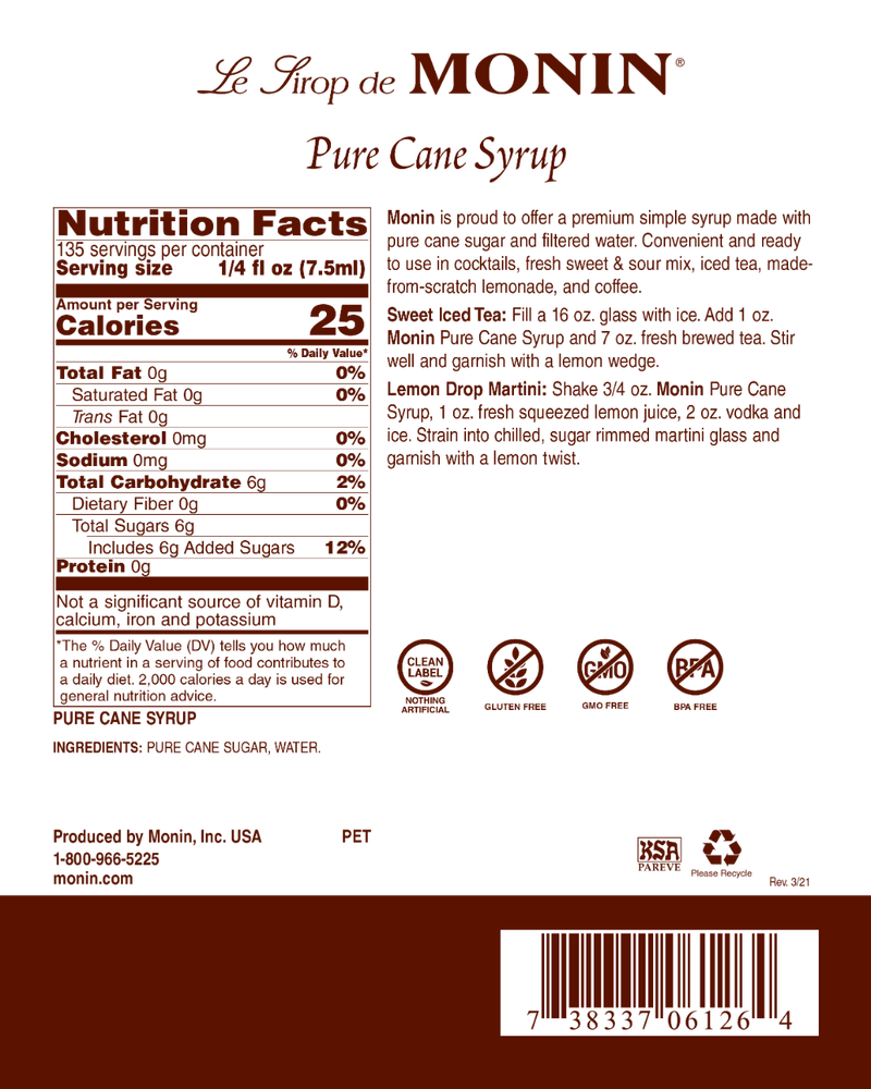 Monin - Pure Cane Liquid Sugar Syrup 1L